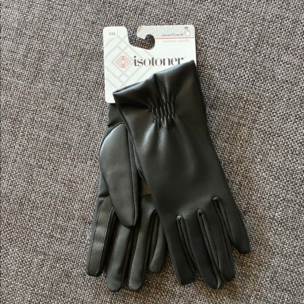 NWT isotoner Womens Lined Faux Leather Stretch Glove, Touchscreen Black S/M